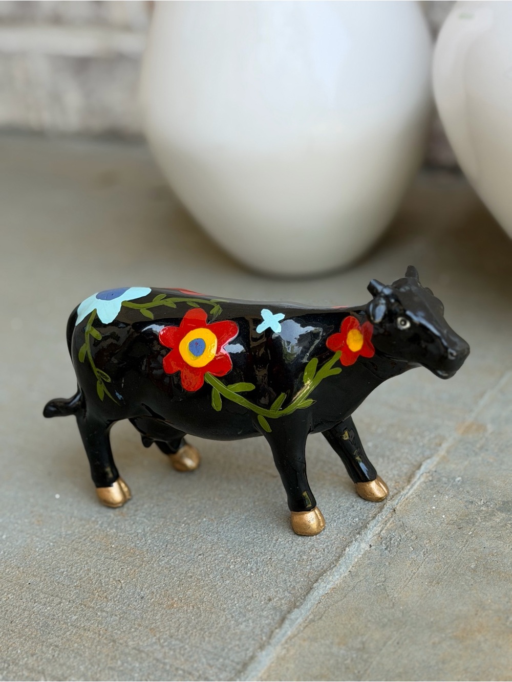 Hand-Painted Black Floral Cow Figurine - Decorative Home Art